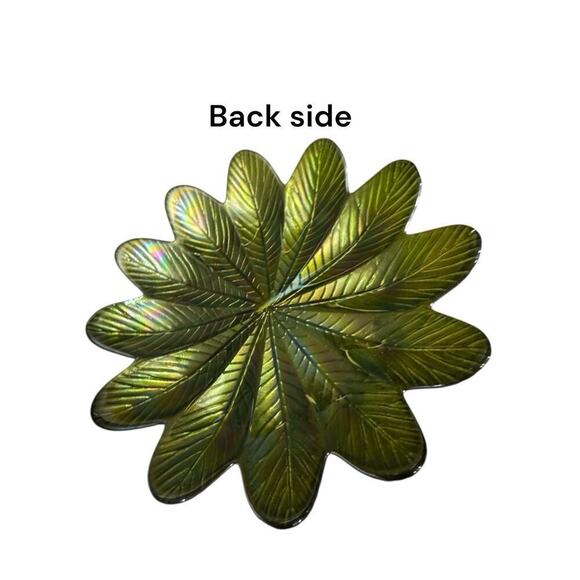 Carnival Glass Green Iridescent Leaf Salad Luncheon Plates Set Of 4 VINTAGE - Picture 9 of 12